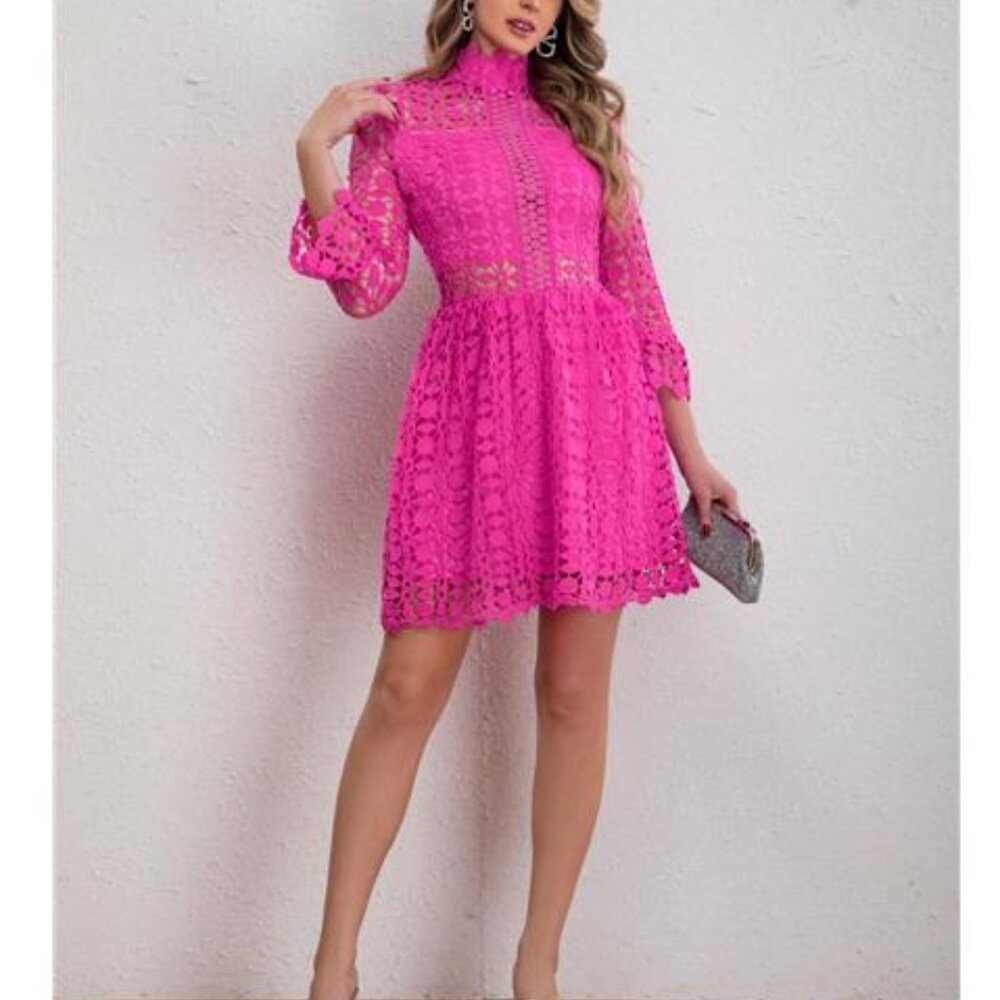 NEW - Elegant Hot Pink Women Stand Collar Flared Sleeve Hollow Lace‎ - Picture 3 of 6